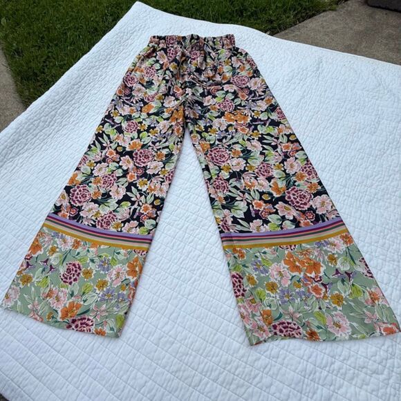 Zara Wide Leg Floral Pants | Colorful Boho Flowy Trousers | Rainbow Trim - Picture 1 of 7